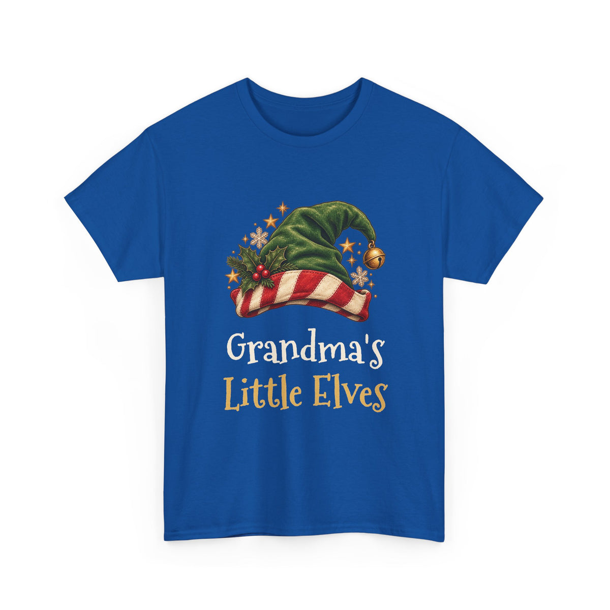 Royal Mimi's Little Elves t-shirt with a green elf hat and holly, front view