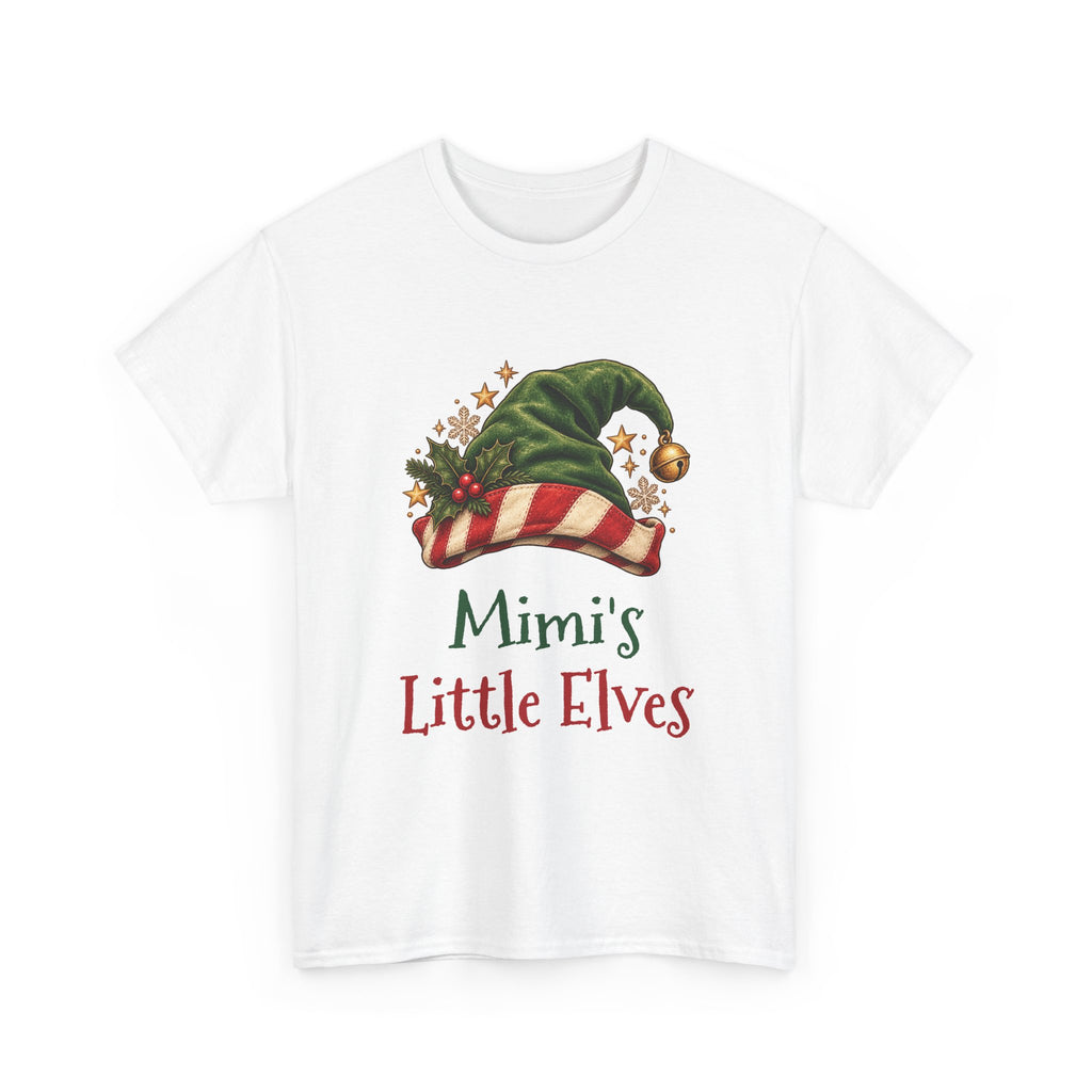 White Mimi's Little Elves t-shirt with a green elf hat and holly, front view