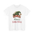 White Mimi's Little Elves t-shirt with a green elf hat and holly, front view