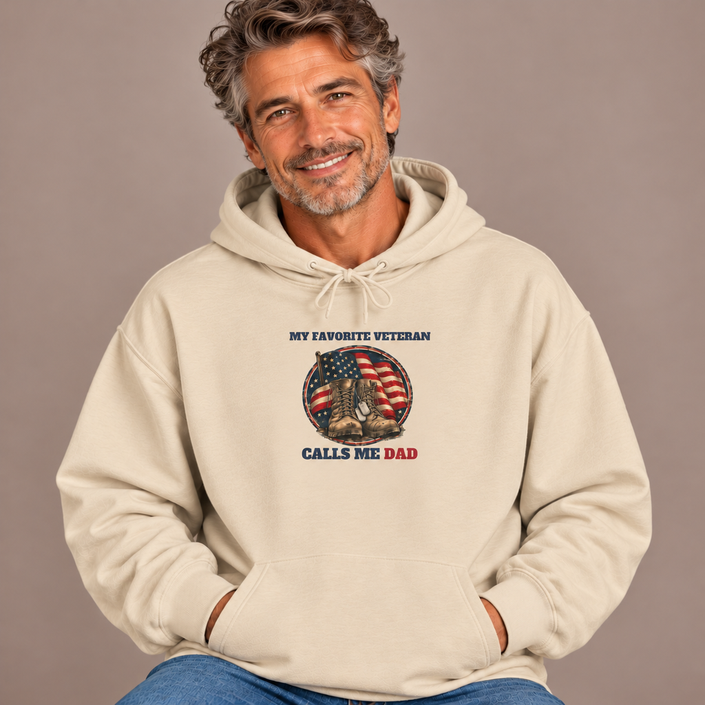 Man wearing the Sand My Favorite Veteran Calls Me Dad Hoodie with jeans