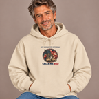 Man wearing the Sand My Favorite Veteran Calls Me Dad Hoodie with jeans