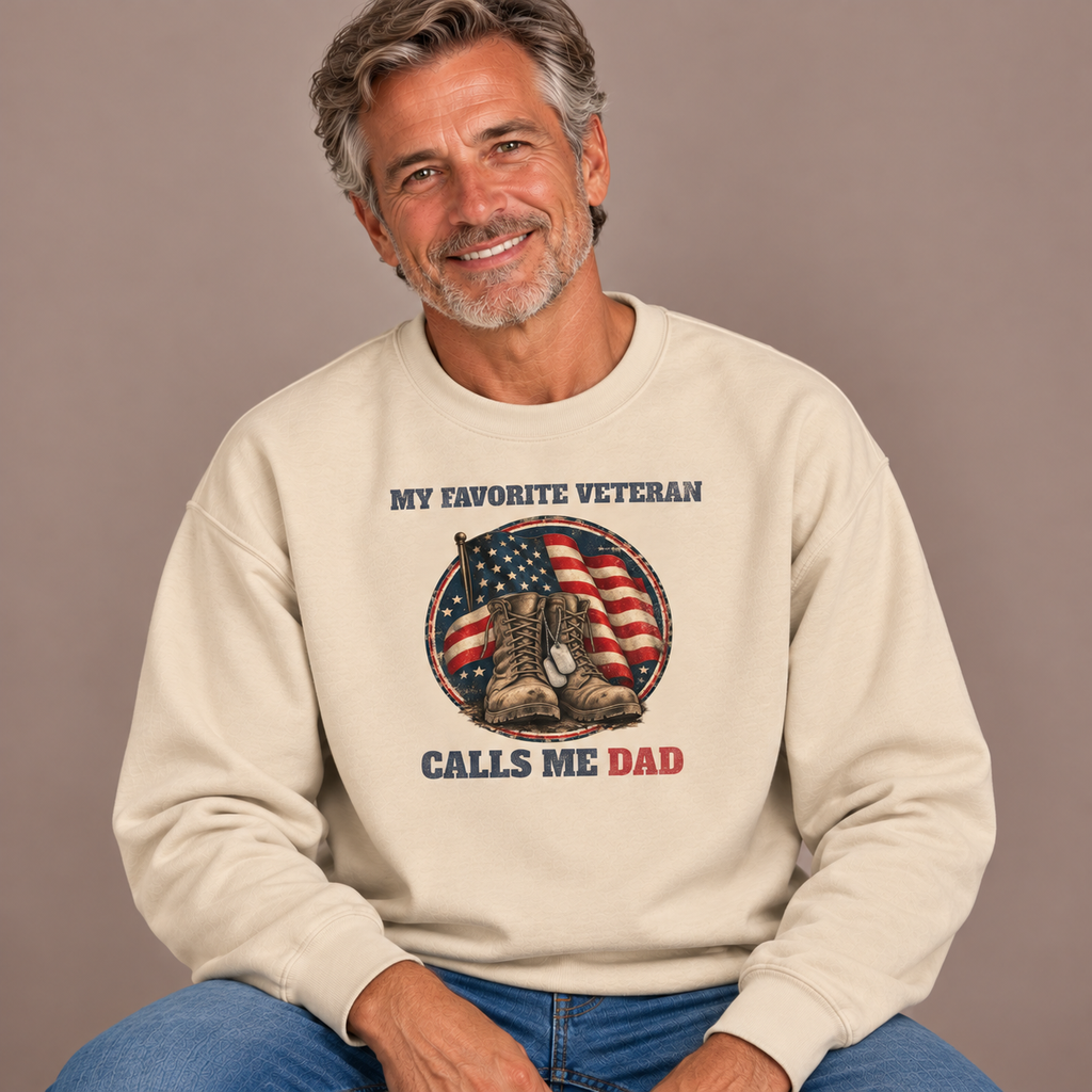 Man wearing the Sand My Favorite Veteran Calls Me Dad Sweatshirt with jeans