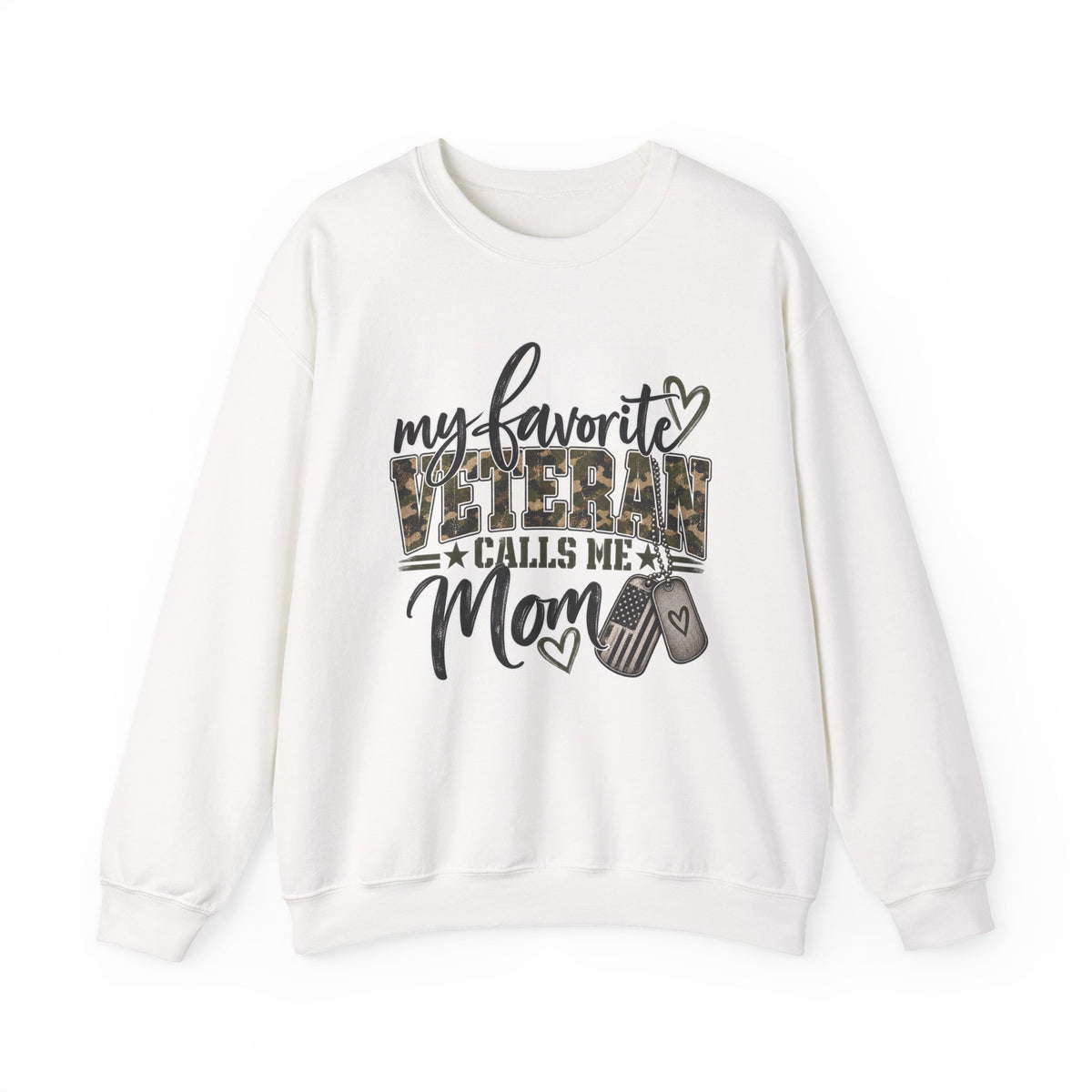 White My Favorite Veteran Calls Me Mom Sweatshirt, front view