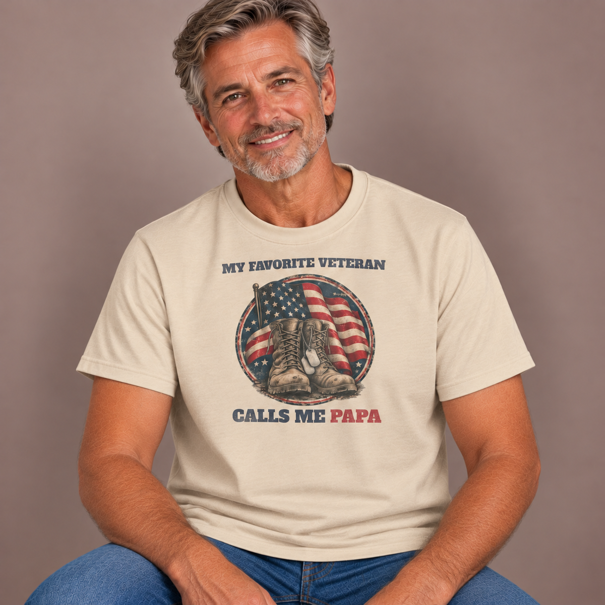 Man wearing the Sand My Favorite Veteran Calls Me Papa T-Shirt with jeans