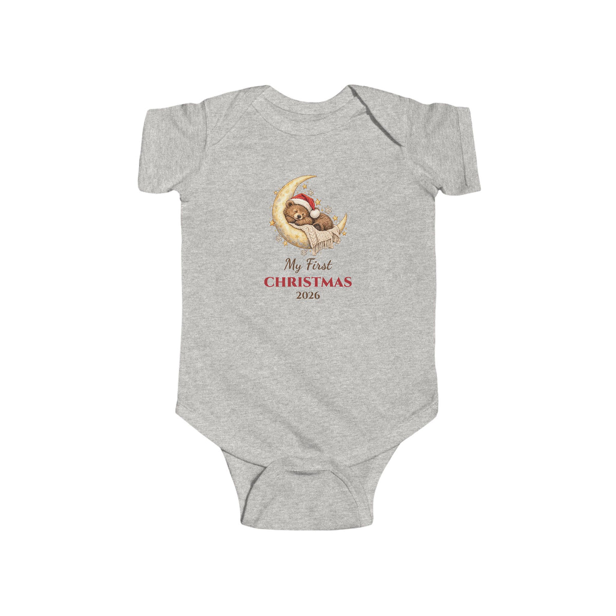 Ash My First Christmas 2026 baby bodysuit with a sleeping bear on a moon, front view