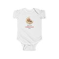 White My First Christmas 2026 baby bodysuit with a sleeping bear on a moon, front view