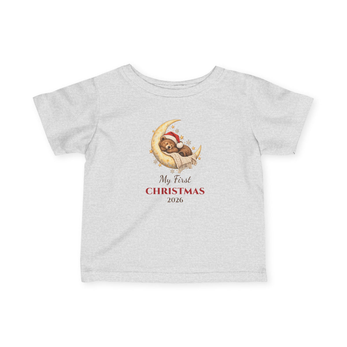 Heather My First Christmas 2026 baby t-shirt with a sleeping bear on a moon, front view