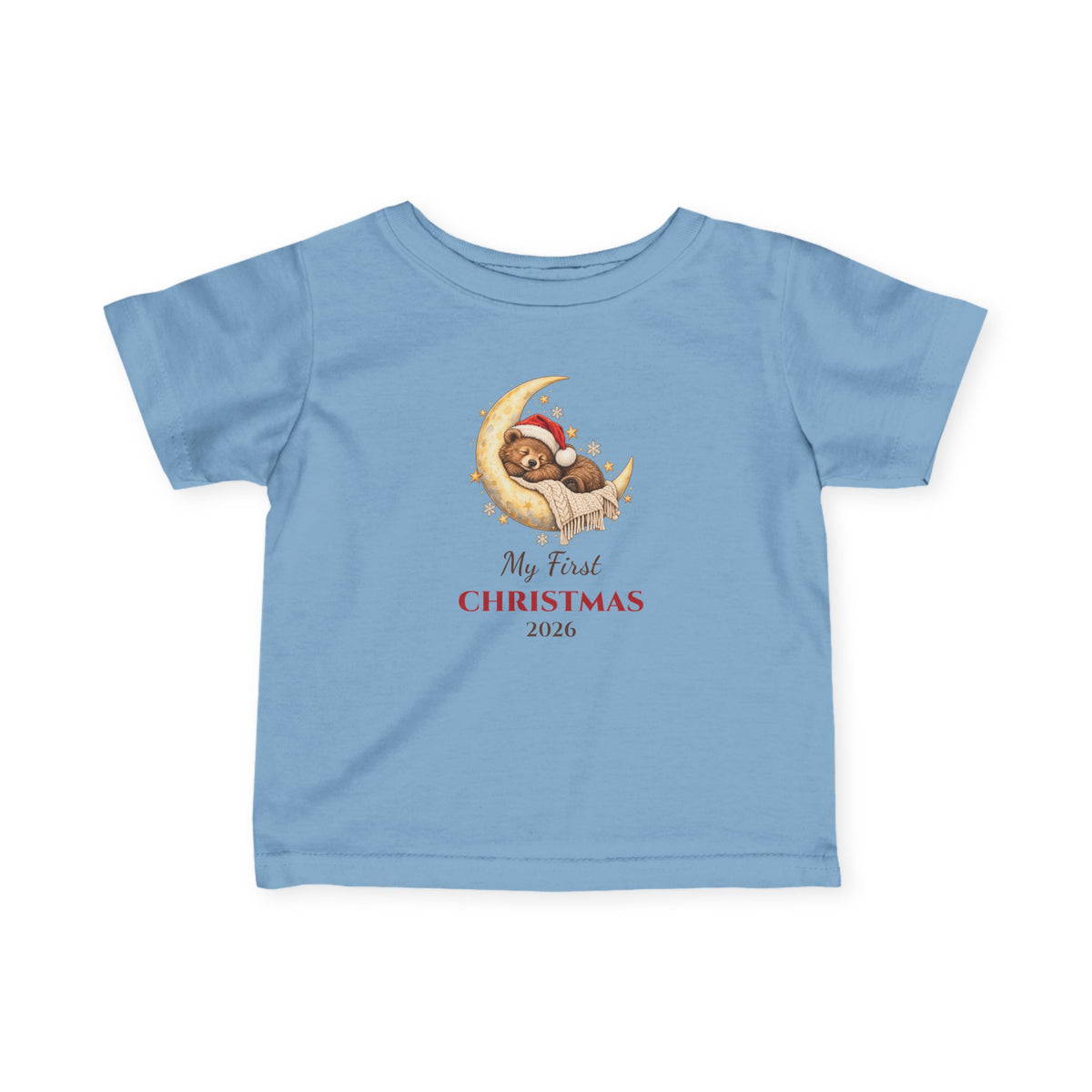 Light Blue My First Christmas 2026 baby t-shirt with a sleeping bear on a moon, front view