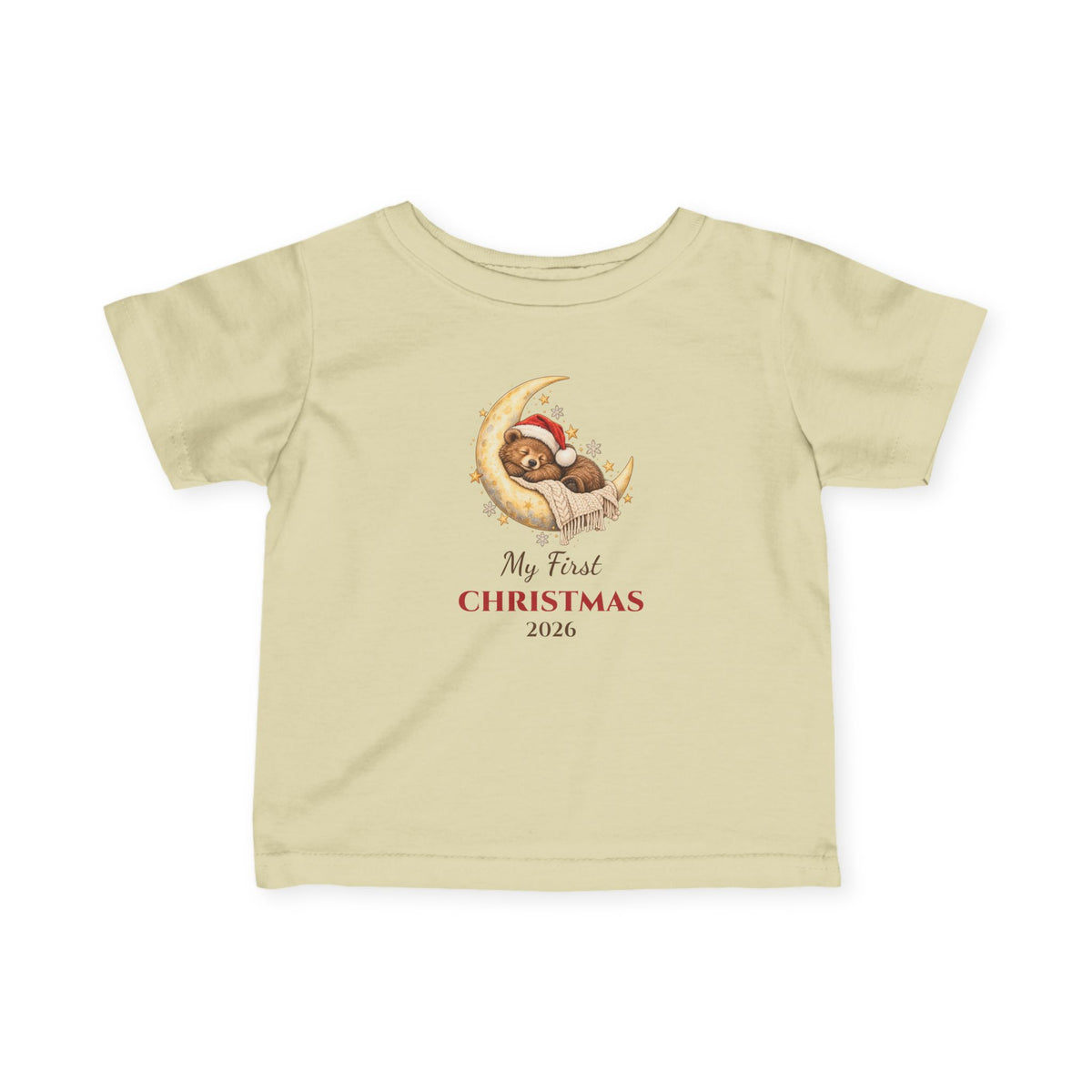 Natural My First Christmas 2026 baby t-shirt with a sleeping bear on a moon, front view