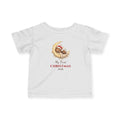 White My First Christmas 2026 baby t-shirt with a sleeping bear on a moon, front view