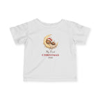 White My First Christmas 2026 baby t-shirt with a sleeping bear on a moon, front view