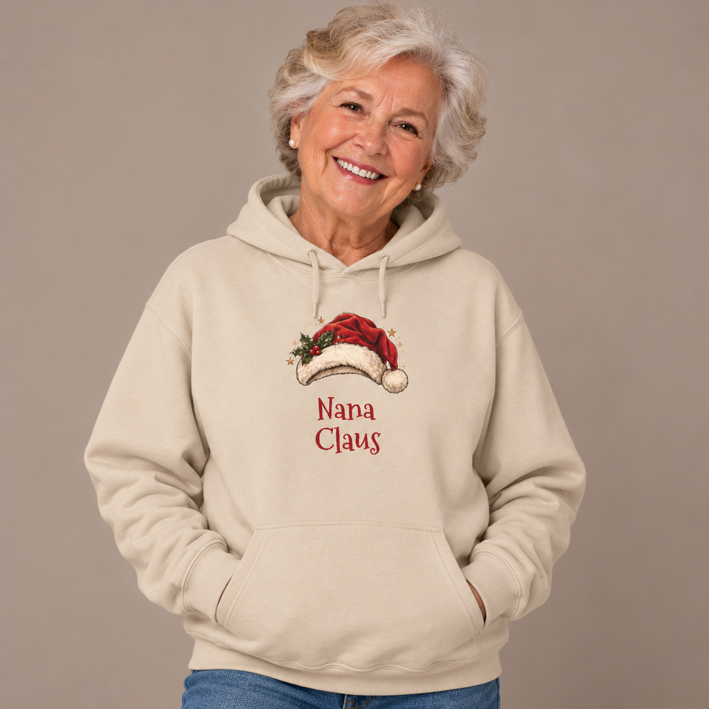Woman wearing the Sand Nana Claus Hoodie with jeans