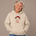 Woman wearing the Sand Nana Claus Hoodie with jeans