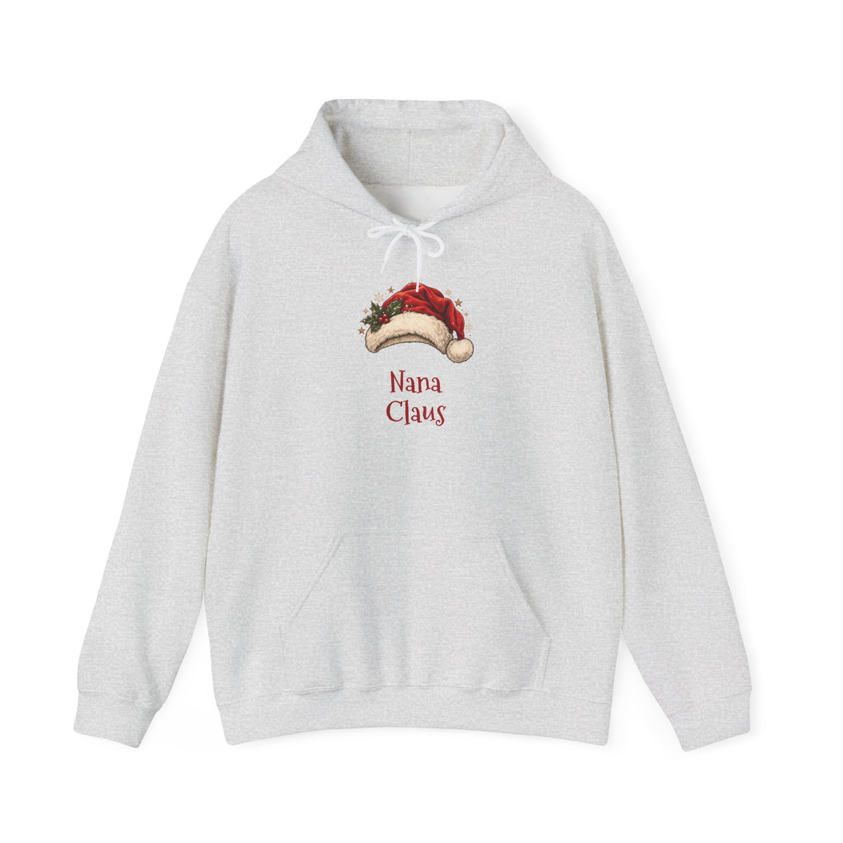Ash Nana Claus hoodie with a red Santa hat and holly, front view