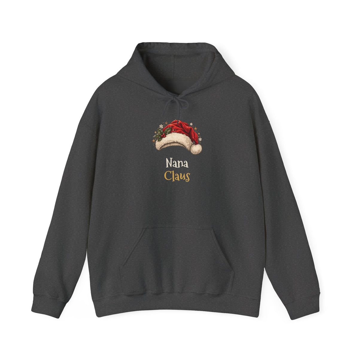 Dark Heather Nana Claus hoodie with a red Santa hat and holly, front view