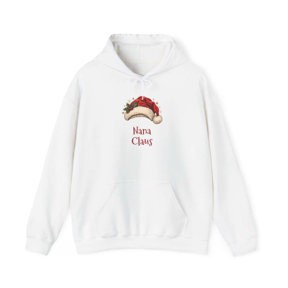 White Nana Claus hoodie with a red Santa hat and holly, front view