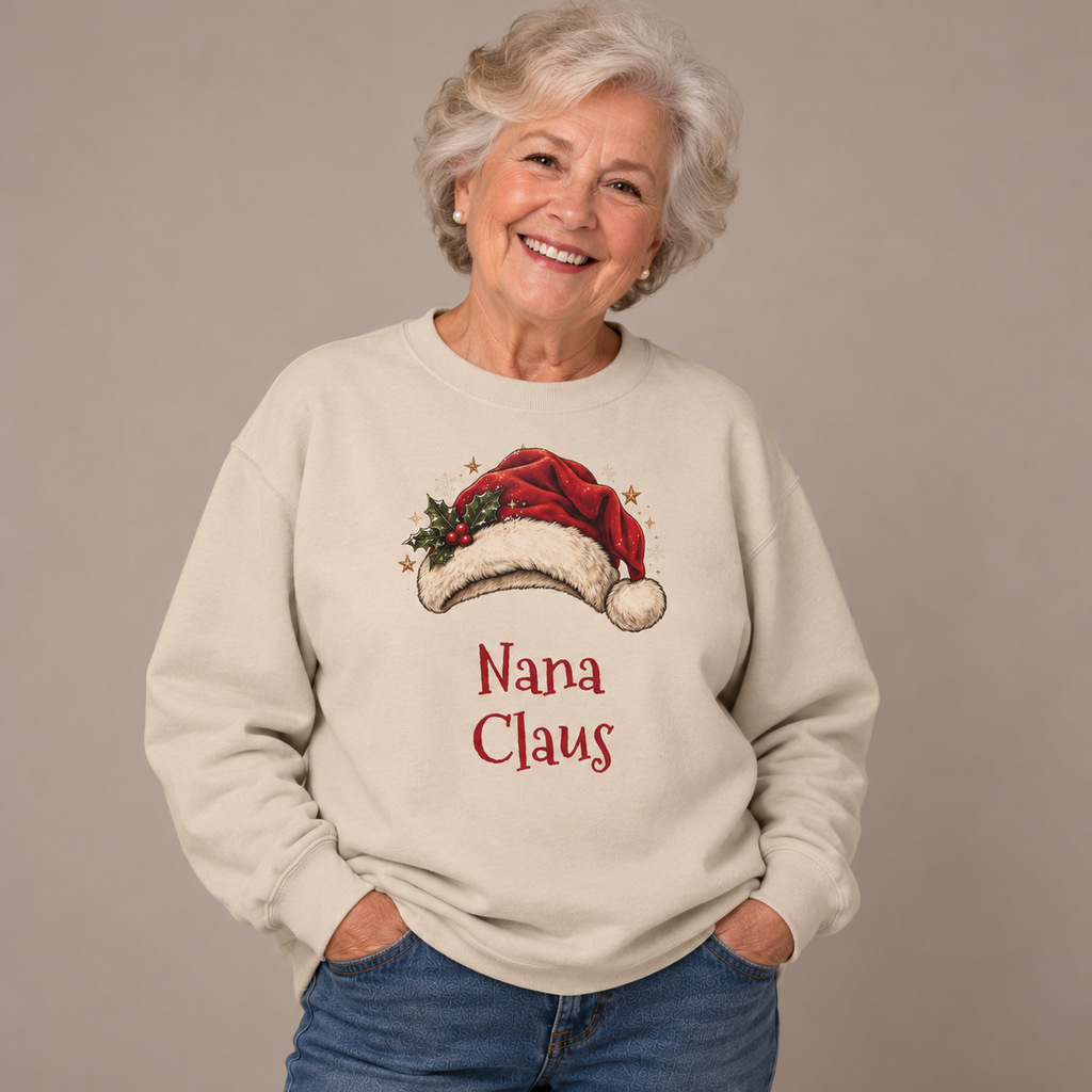 Woman wearing the Sand Nana Claus Sweatshirt with jeans