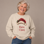 Woman wearing the Sand Nana Claus Sweatshirt with jeans