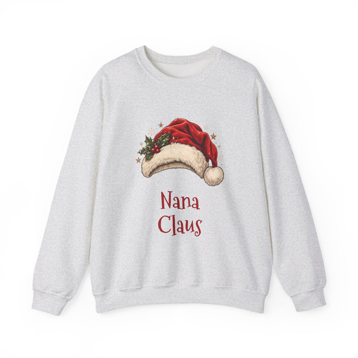 Ash Nana Claus sweatshirt with a red Santa hat and holly, front view