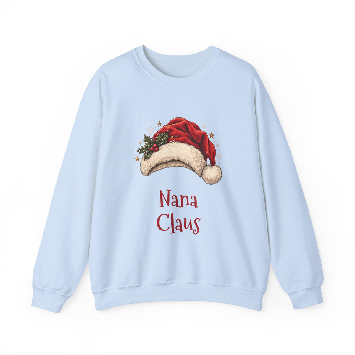 Light Blue Nana Claus sweatshirt with a red Santa hat and holly, front view