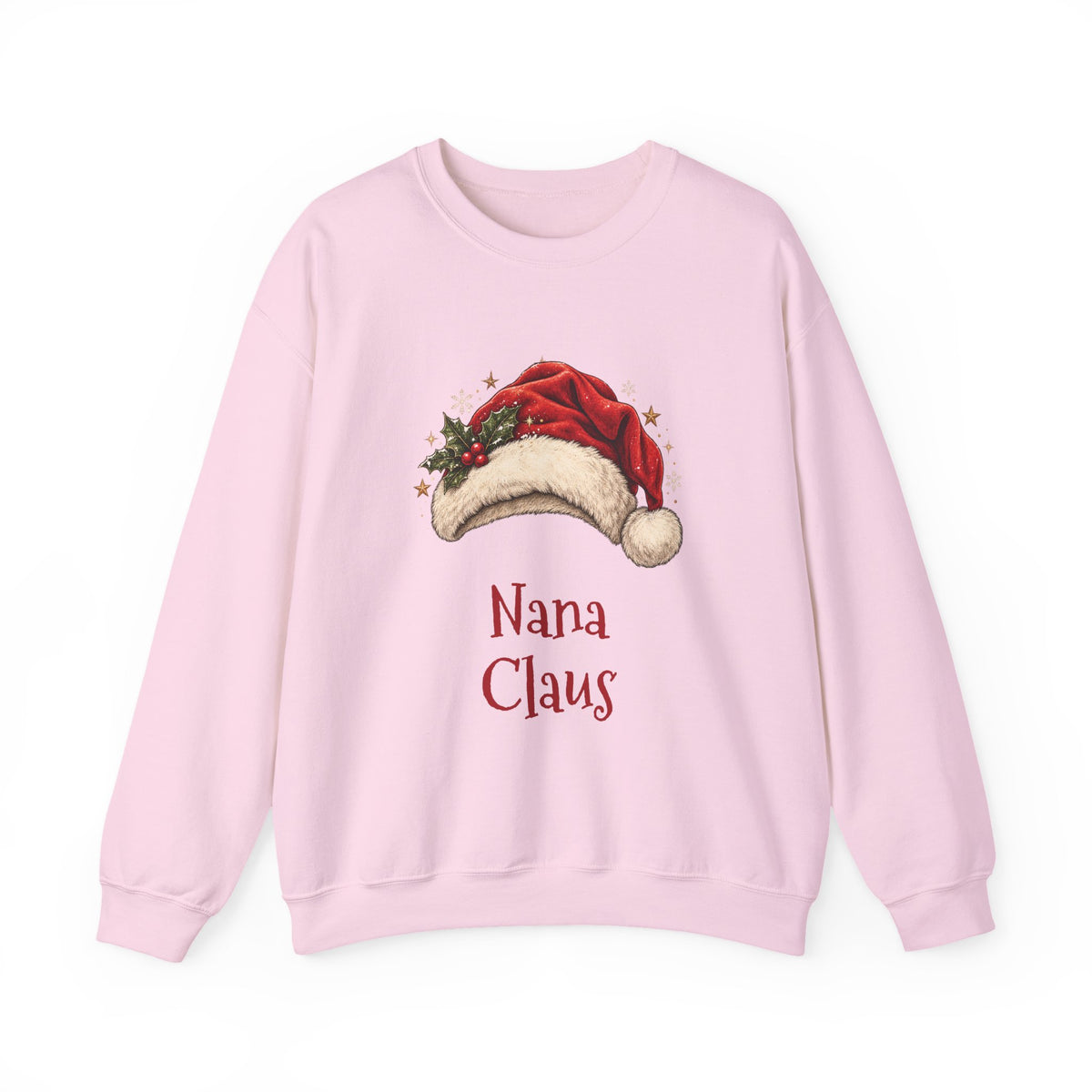 Light Pink Nana Claus sweatshirt with a red Santa hat and holly, front view