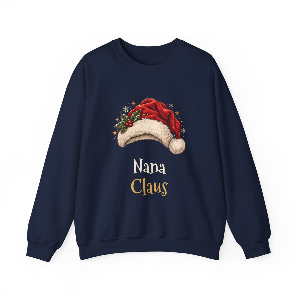 Navy Nana Claus sweatshirt with a red Santa hat and holly, front view