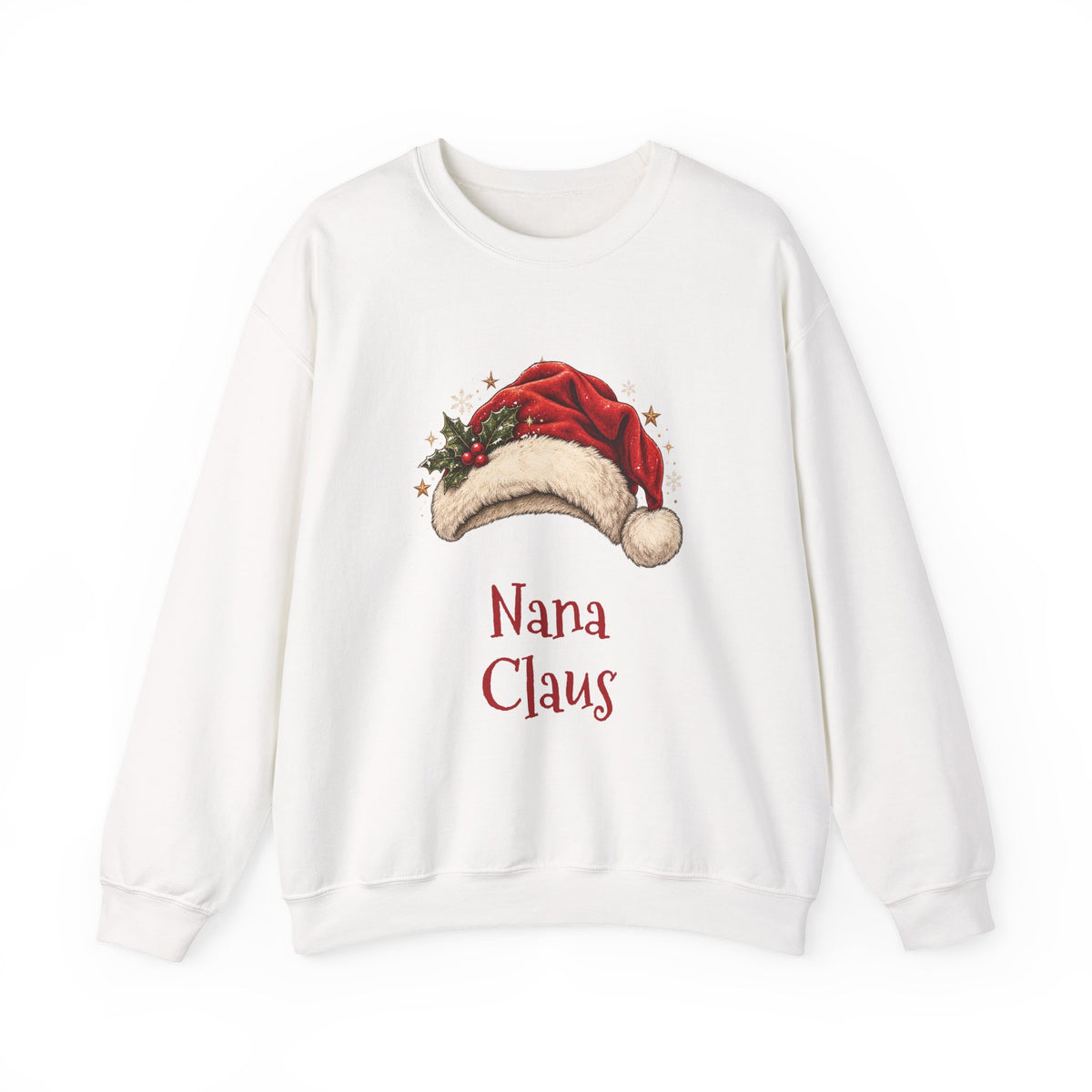 White Nana Claus sweatshirt with a red Santa hat and holly, front view