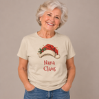 Woman wearing the Sand Nana Claus T-Shirt with jeans