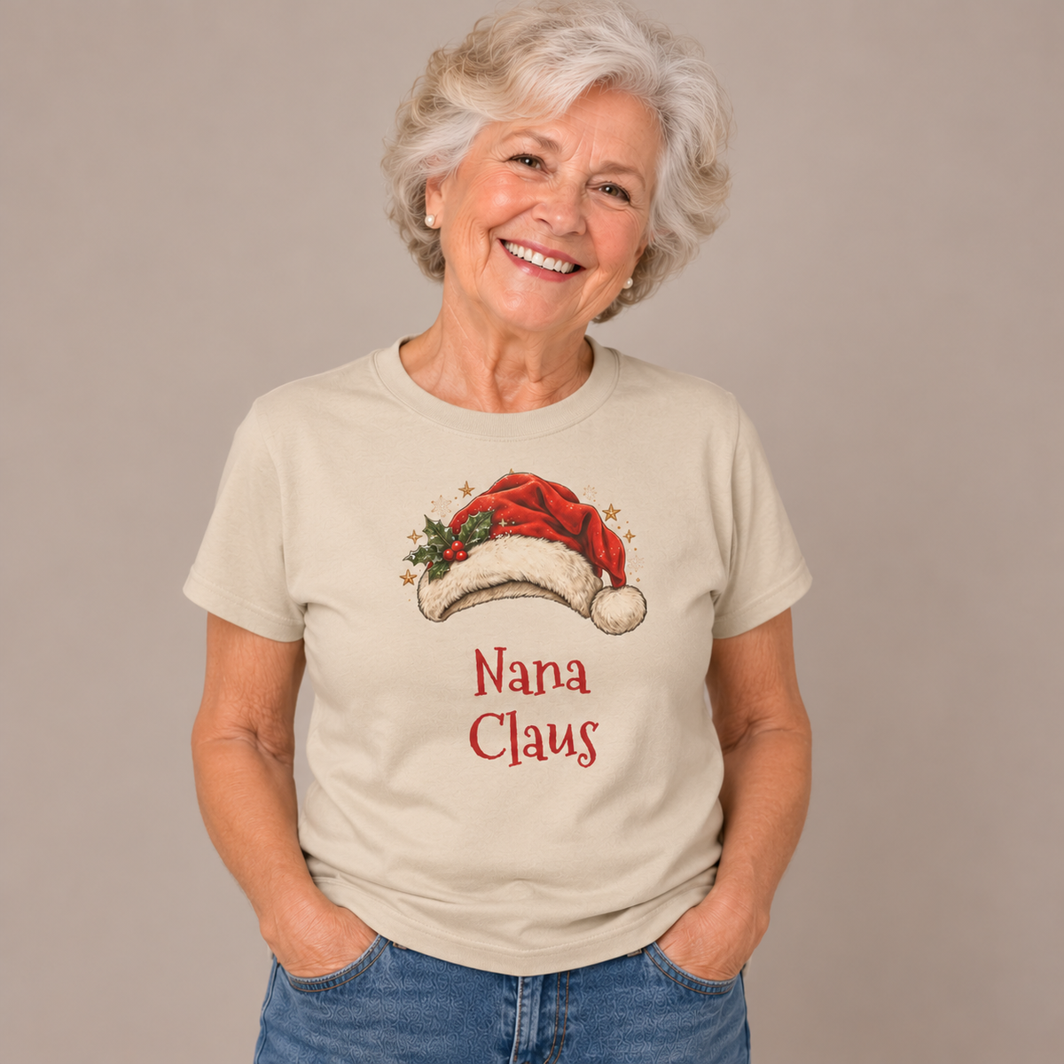 Woman wearing the Sand Nana Claus T-Shirt with jeans