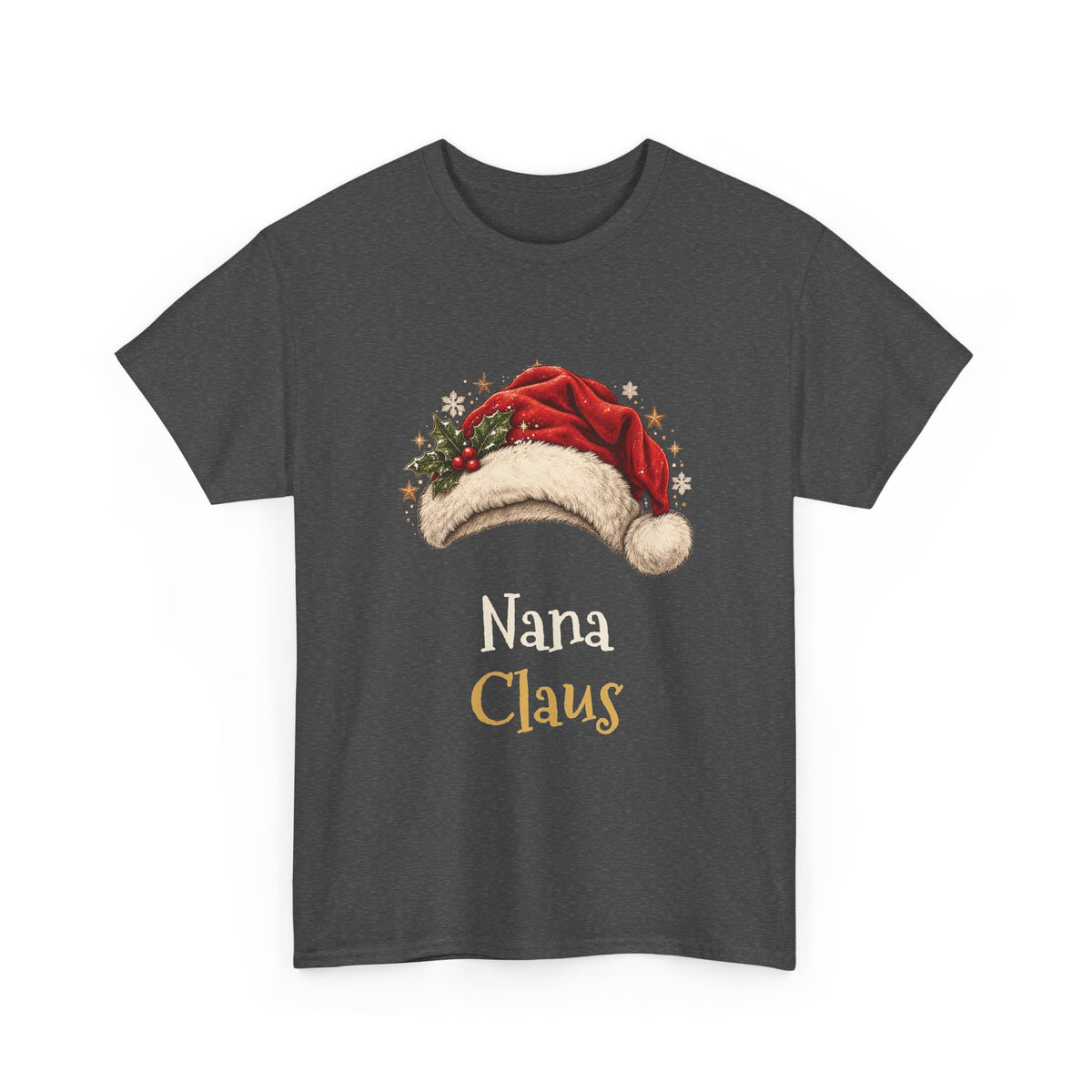 Dark Heather Nana Claus t-shirt with a red Santa hat and holly, front view