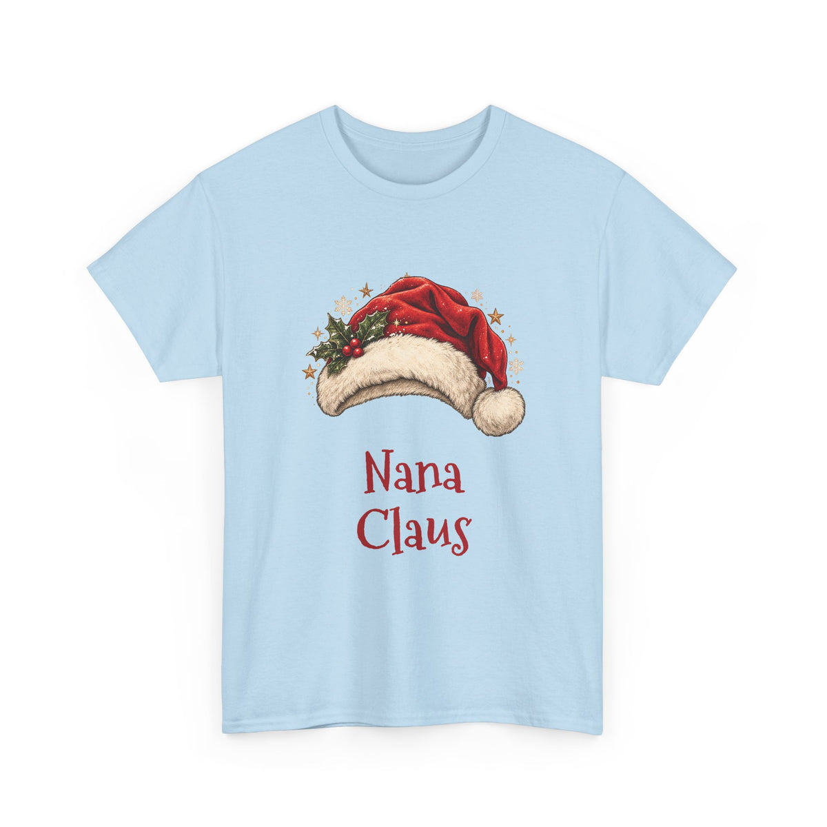 Light Blue Nana Claus t-shirt with a red Santa hat and holly, front view