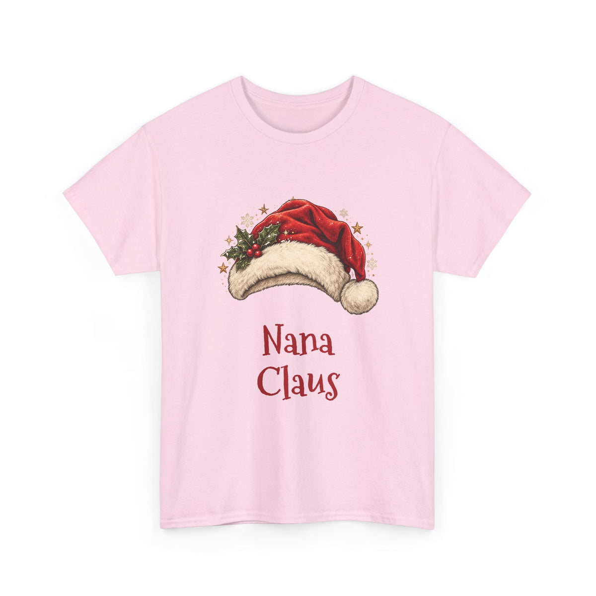 Light Pink Nana Claus t-shirt with a red Santa hat and holly, front view
