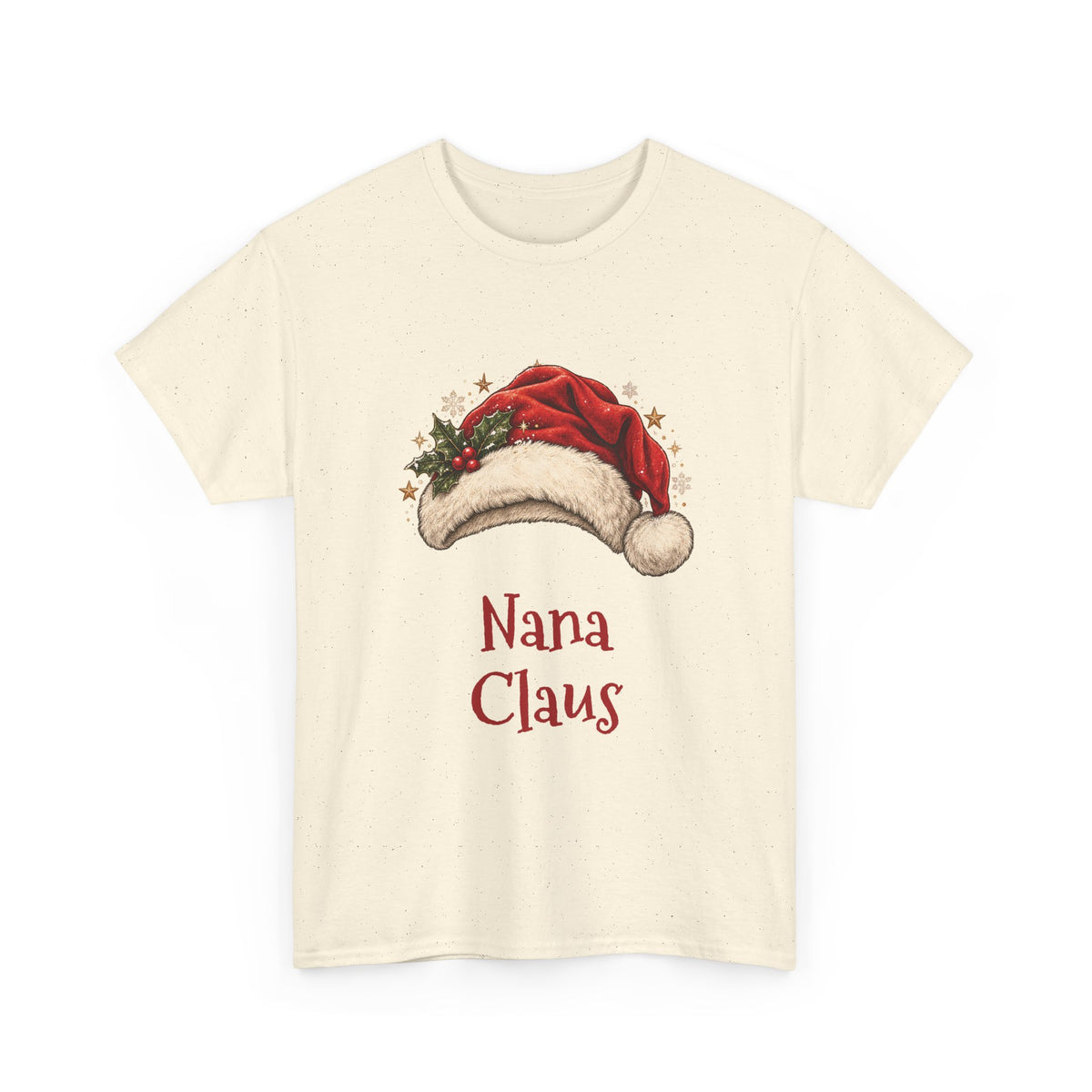 Natural Nana Claus t-shirt with a red Santa hat and holly, front view