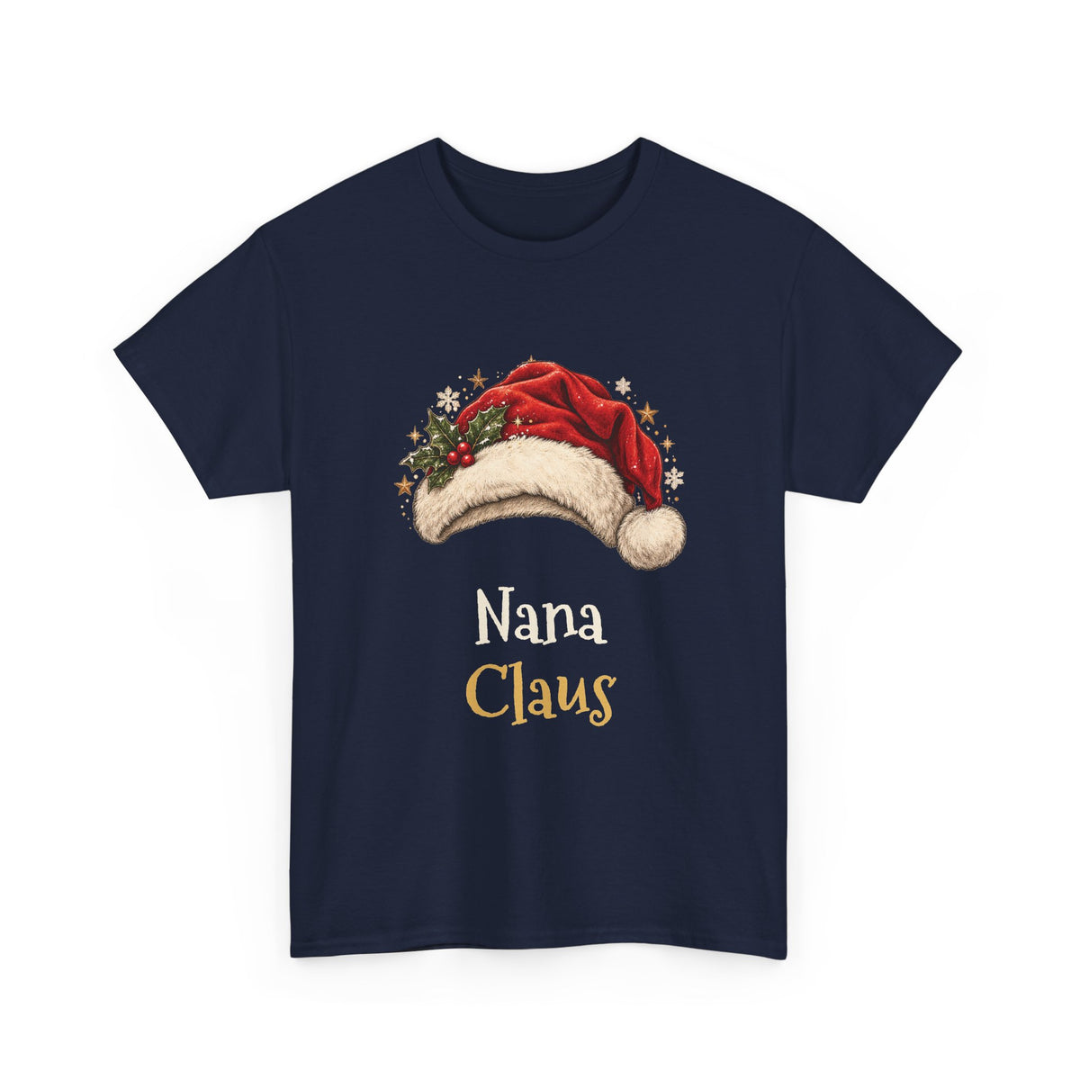 Navy Nana Claus t-shirt with a red Santa hat and holly, front view