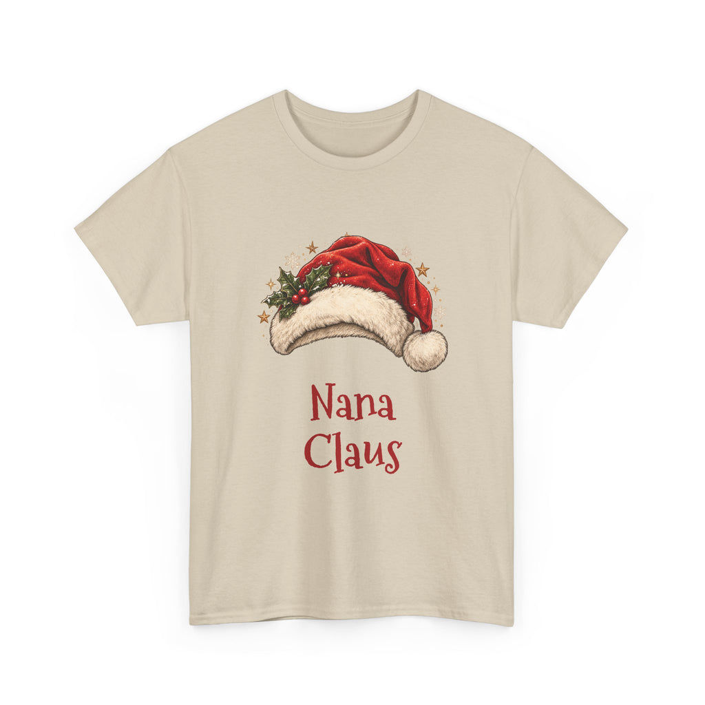 Sand Nana Claus t-shirt with a red Santa hat and holly, front view