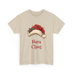 Sand Nana Claus t-shirt with a red Santa hat and holly, front view