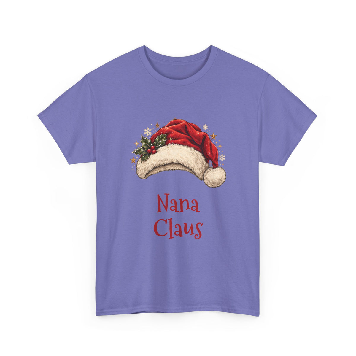 Violet Nana Claus t-shirt with a red Santa hat and holly, front view