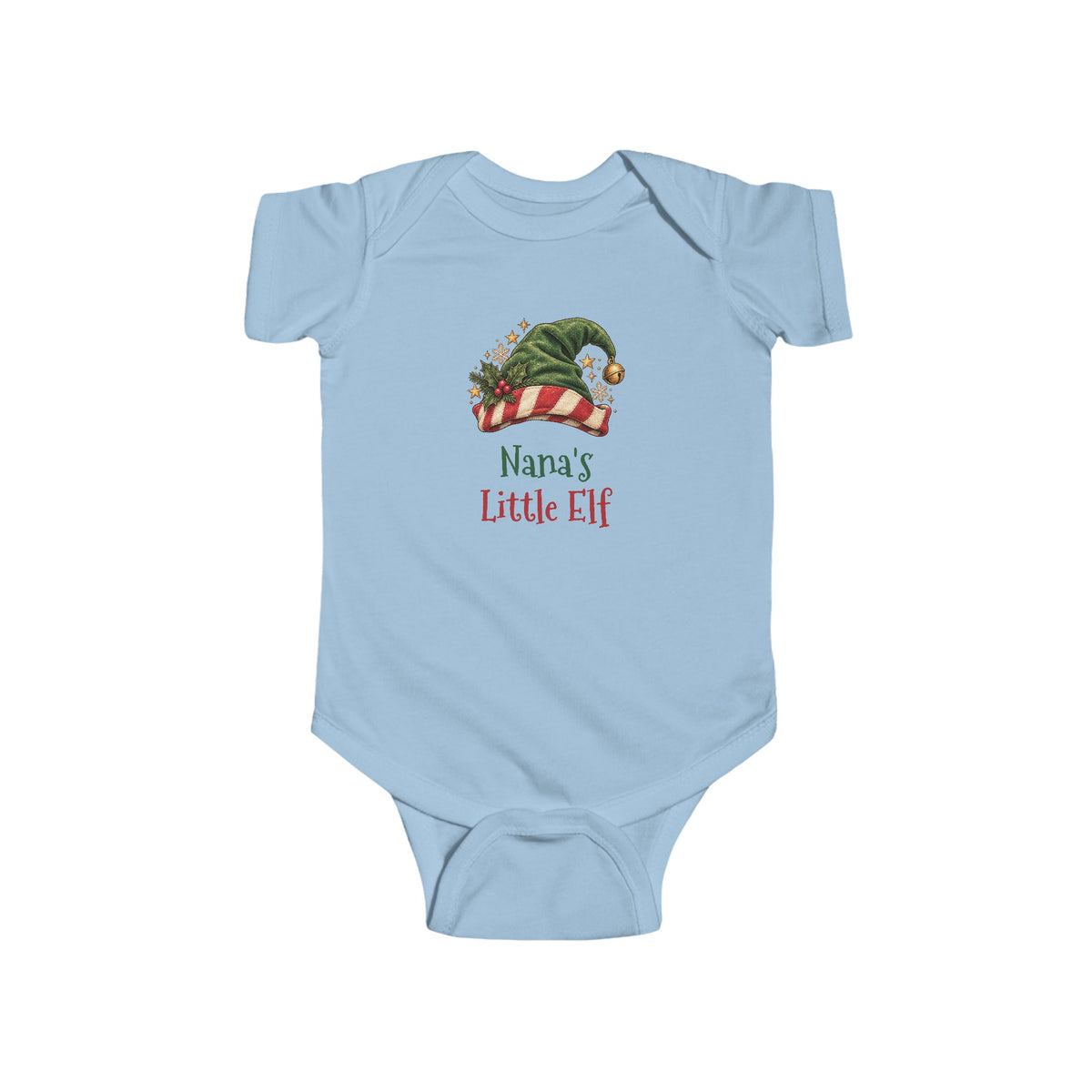 Light Blue Nana's Little Elf baby bodysuit with a green elf hat and holly, front view