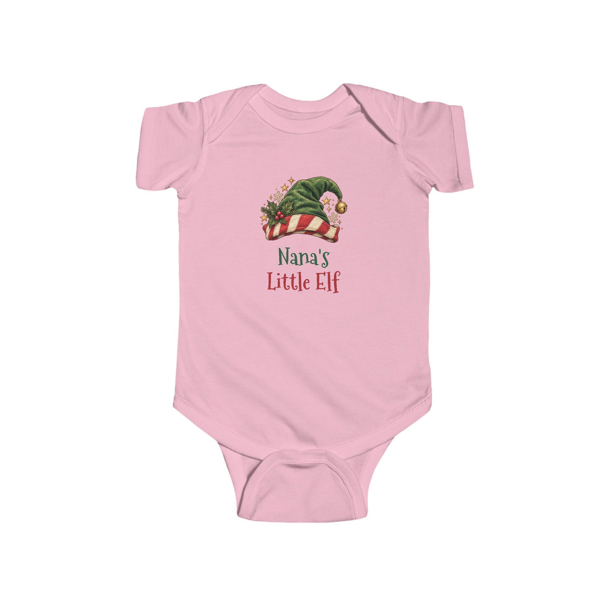 Pink Nana's Little Elf baby bodysuit with a green elf hat and holly, front view