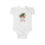 White Nana's Little Elf baby bodysuit with a green elf hat and holly, front view