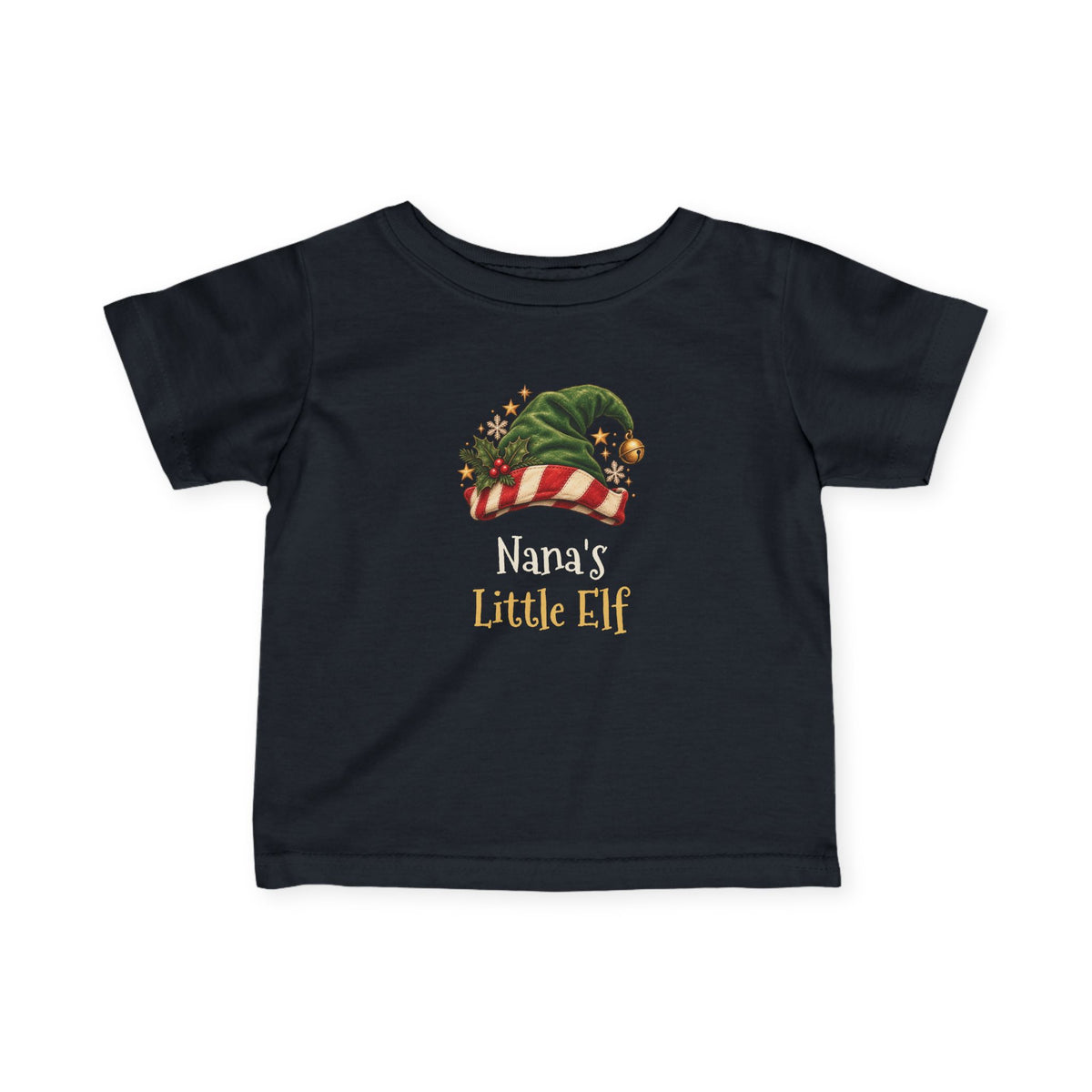 Black Nana's Little Elf baby t-shirt with a green elf hat and holly, front view