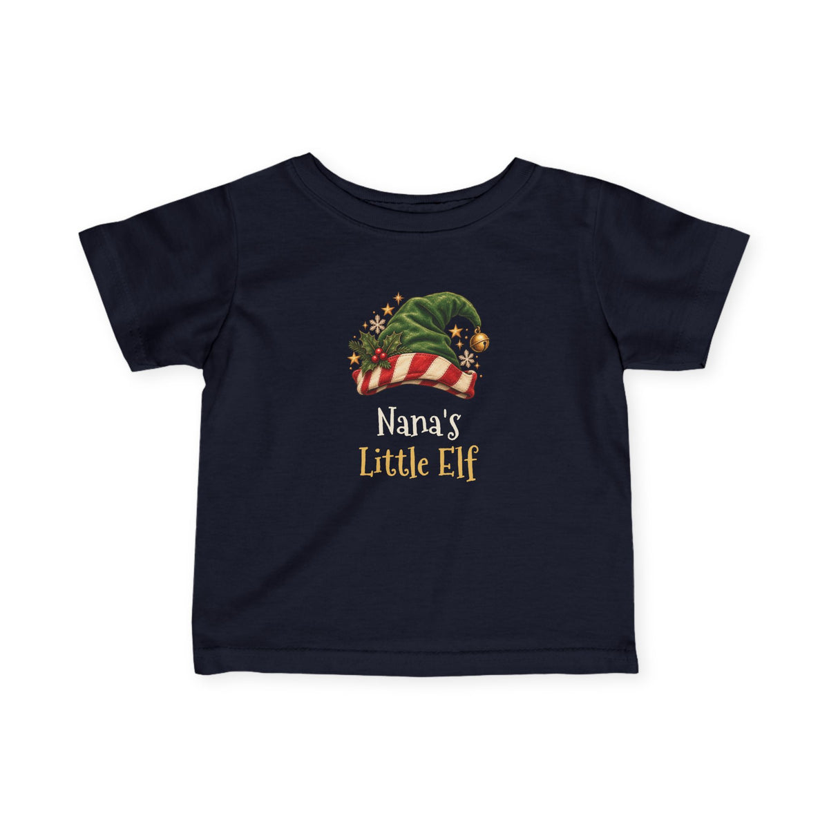 Navy Nana's Little Elf baby t-shirt with a green elf hat and holly, front view