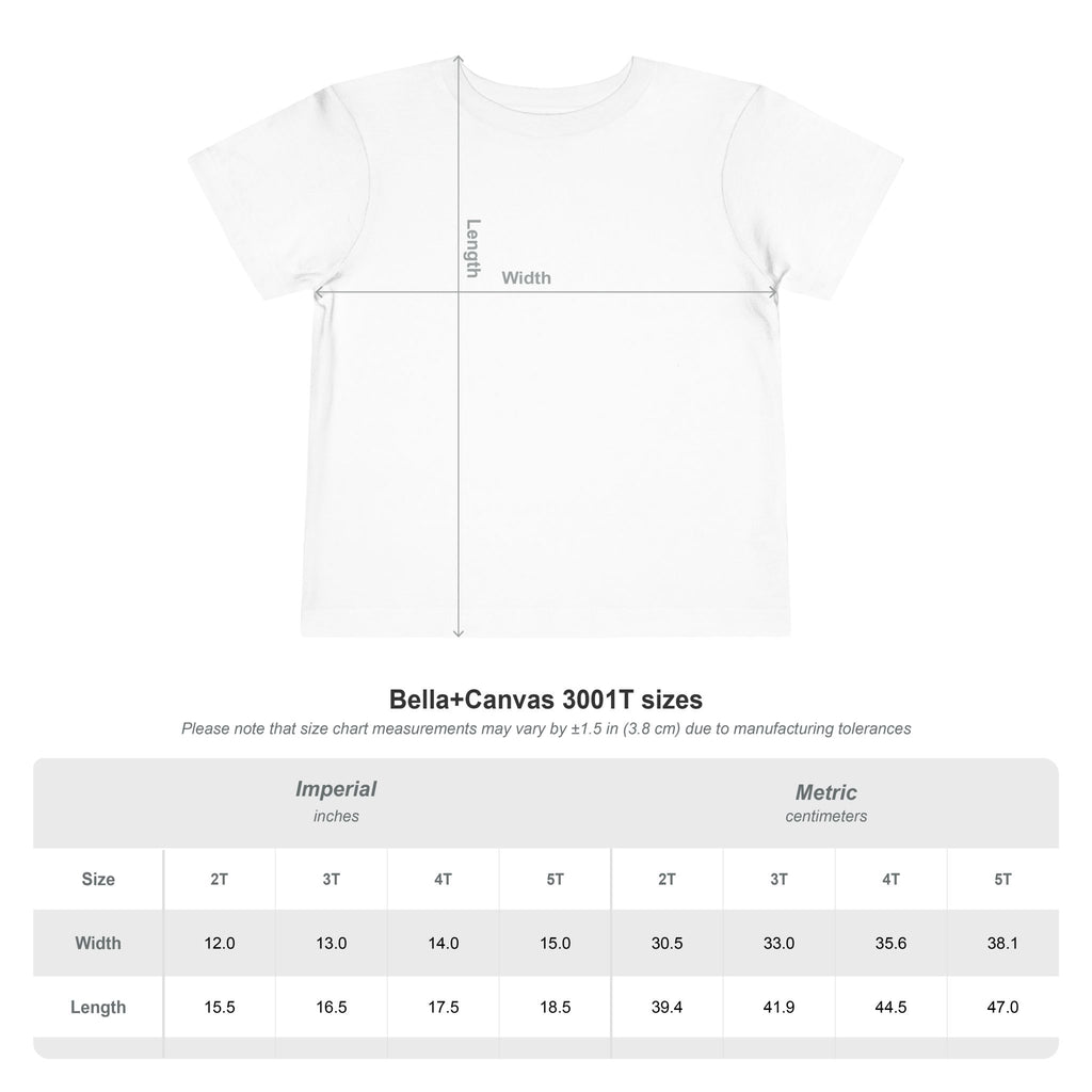 Bella+Canvas 3001T toddler t-shirt size chart in inches and centimetres