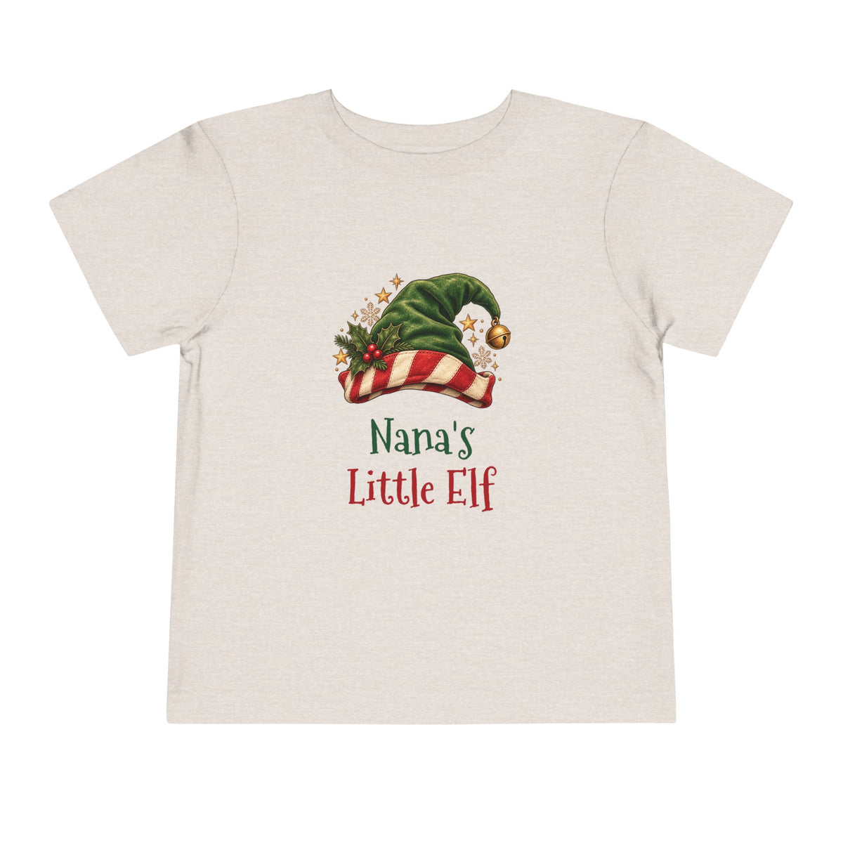Heather Dust Nana's Little Elf toddler t-shirt with a green elf hat and holly, front view
