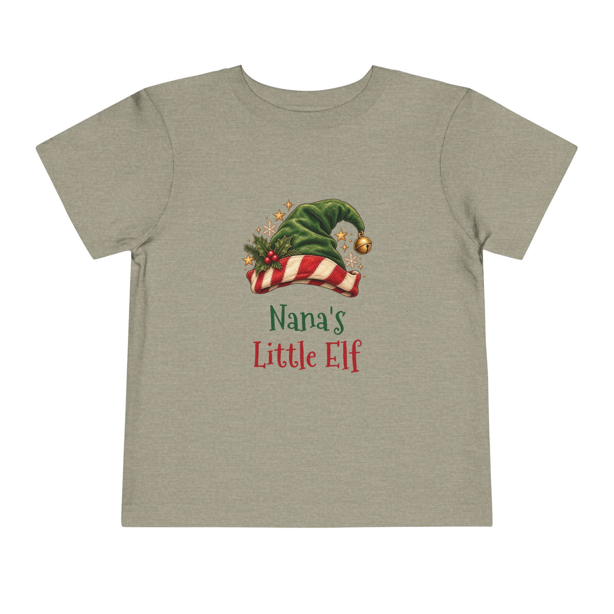 Heather Stone Nana's Little Elf toddler t-shirt with a green elf hat and holly, front view