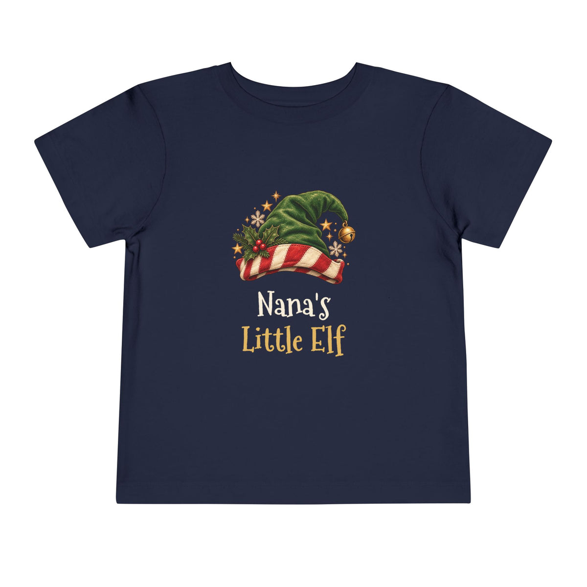 Navy Nana's Little Elf toddler t-shirt with a green elf hat and holly, front view