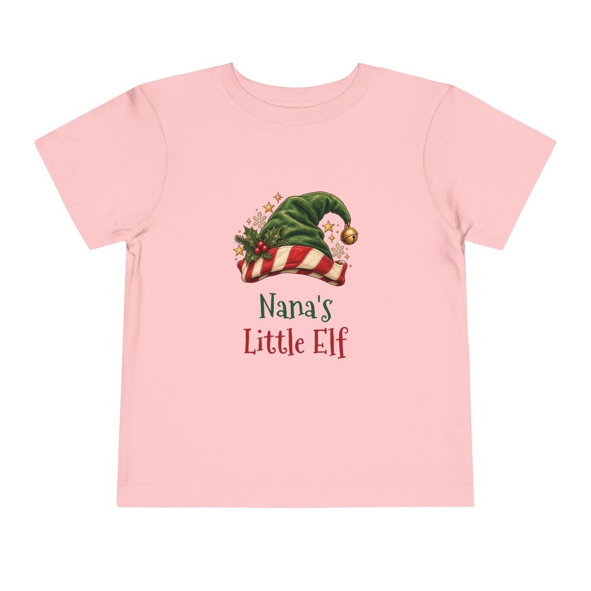 Pink Nana's Little Elf toddler t-shirt with a green elf hat and holly, front view