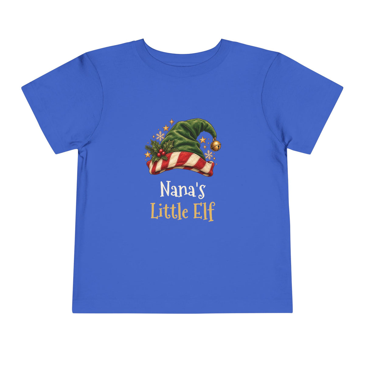 True Royal Nana's Little Elf toddler t-shirt with a green elf hat and holly, front view