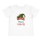 White Nana's Little Elf toddler t-shirt with a green elf hat and holly, front view