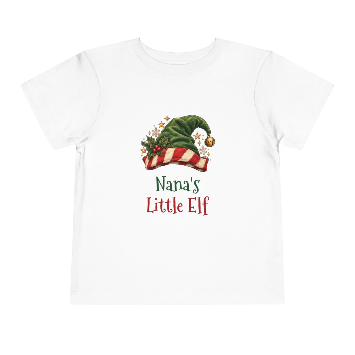White Nana's Little Elf toddler t-shirt with a green elf hat and holly, front view